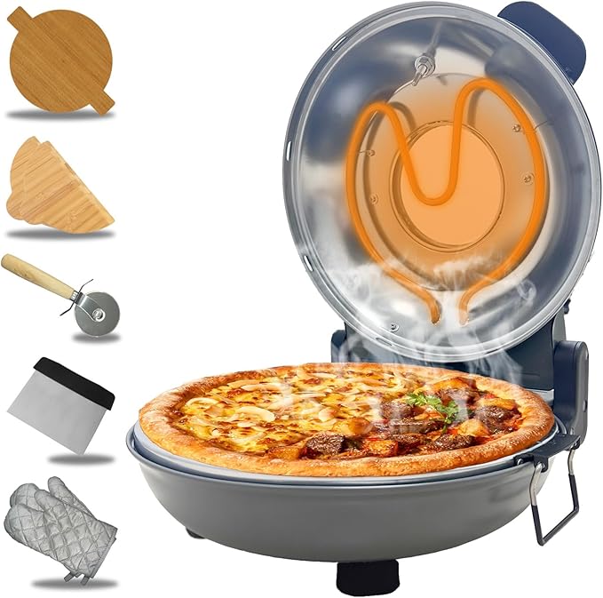 ECUMFFY Pizza Oven Indoor, 12 Inch Retro Pizza Maker, Rapid Heating 800˚F, 1200W Glazed Ceramic Stone Electric Pizza Cooker, Two-button Precise Temperature Control, Viewing Window for Precise Cooking