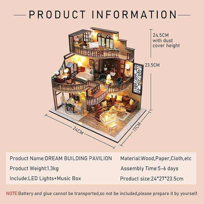 CUTEROOM DIY Miniature House Kit, DIY Miniature Dollhouse Kit with Funiture LED Lights & Music Box, Creative Room for Adult Valentine's Christmas Day Gift - Dream Buliding Pavilion