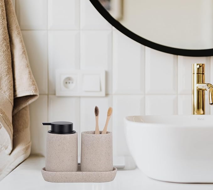 Clasin Home Beige Bathroom Accessories Set, 3 Pcs Resin Bathroom Accessories Complete Set, Sandstone Look Soap Dispenser with Large Pump, Toothbrush Cup, Soap Dish for Modern Home Decor and Kitchen
