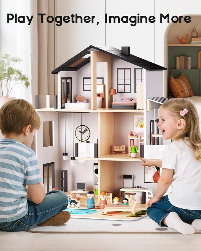 BIERUM Wooden Dollhouse, Large Modern Doll House with 49Pcs Furniture Accessories, Dolls & Pets, DIY Puzzle Pool Yard, Wood Dollhouse Toy for Toddlers 3+, Ideal Gift for Boys and Girls (Black)