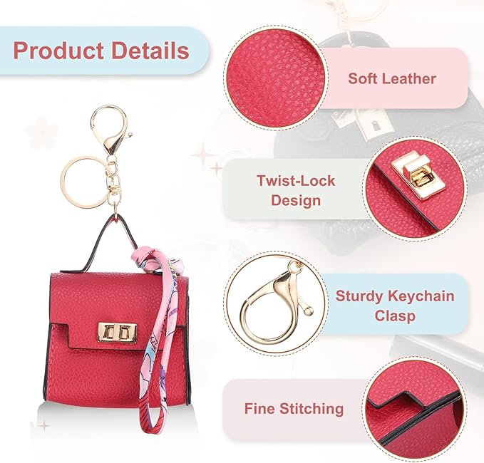 PATIKIL Mini Backpack Keychain, Cute Coin Purse Keychain PU Leather Backpack Purse Key Chain Little Earbud Bag Keychains for Women Mini Card Data Cable Organizer, Rose Red