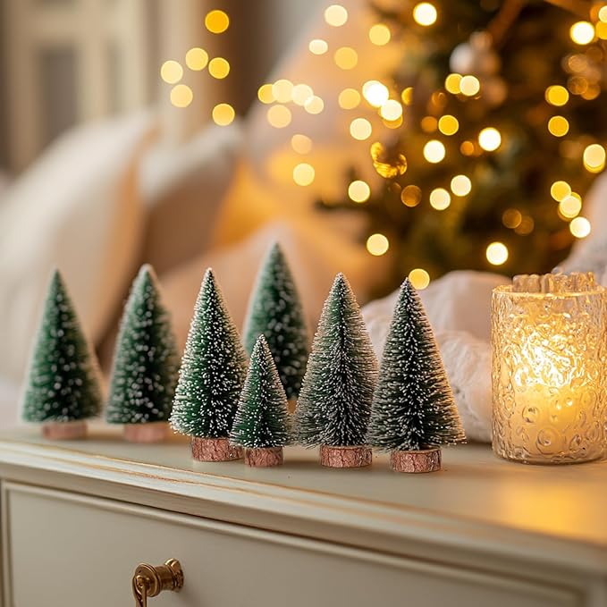 10pcs 4inch Mini Christmas Tree Bottle Brush Trees Chrismas Village Trees Ornaments Snow Mini Plastic Christmas Trees with Wooden Base for Christmas Decoration Miniature Chrismas Tree