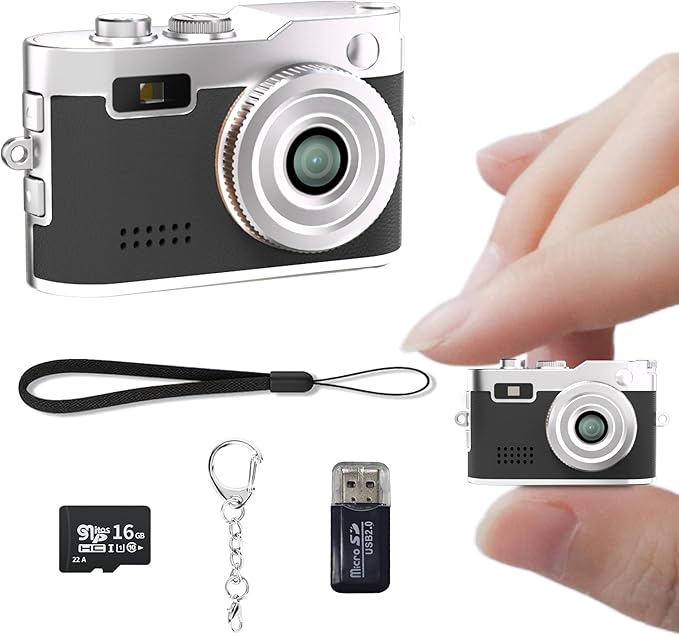 Mini Keychain Camera, 1080P Video Recorder, 0.96'' Display 12MP Retro Compact Tiny with 16GB SD Card, USB Adapt, 200mAh Battery, Lenane Digital Camera for Kids, Students, Travel, Daily (Black)