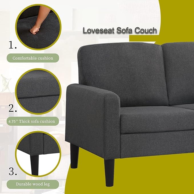asunflower 52Inch Small Loveseat 2 Seater Couch for Small Spaces Comfy Linen Fabric Love Seat Sofa Office Couch Tool-Free Assembly for Bedroom,Drom Room,Kid's Room,Grey