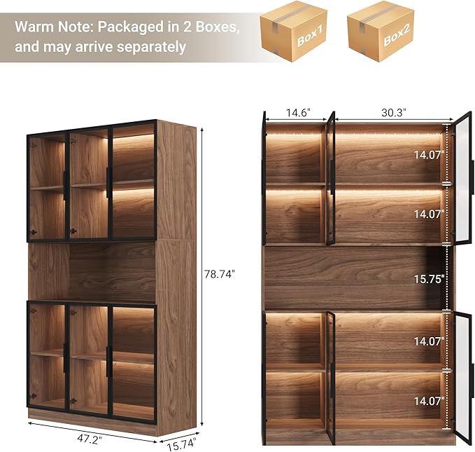 78.7" H Display Cabinet with 6 Glass Doors and Lights, Storage Cabinets Modern Bookcase with Hutch for Collectible, Display Case/Glass Curio Cabinets for Living Room,Walnut