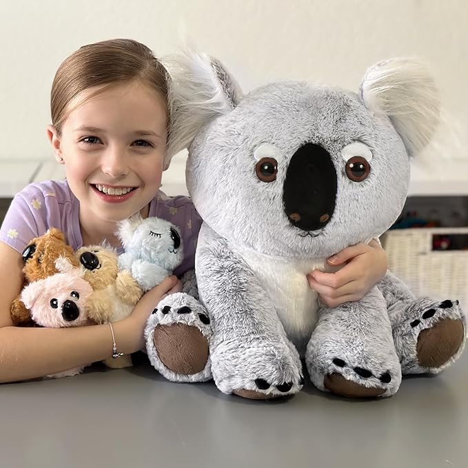 5Pcs Koala Bear Stuffed Animal 17.7 Inch, Mom Koala Plush Toy with 4 Adorable Babies Plushies in Zippered Back, Christmas Birthday Gift for Kids Boys Girls, Room Forest Party Decor