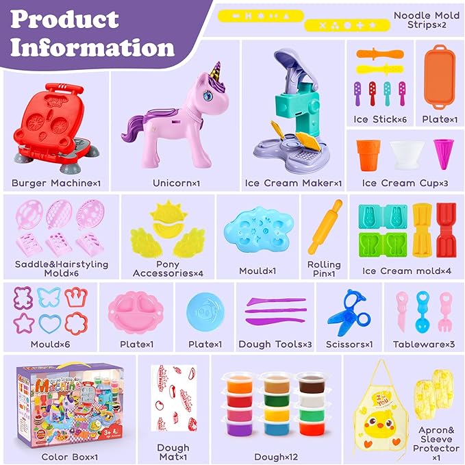 Aprilwolf 60 PCS 3 in 1 Dough Sets for Kids Ages 3-4-8, Art Crafts Dough Tools Kit, Unicorn Hair Stylist, Ice Cream Playset Hamburger Maker Machine, Kitchen Creations Food Play Toys Boys Girls