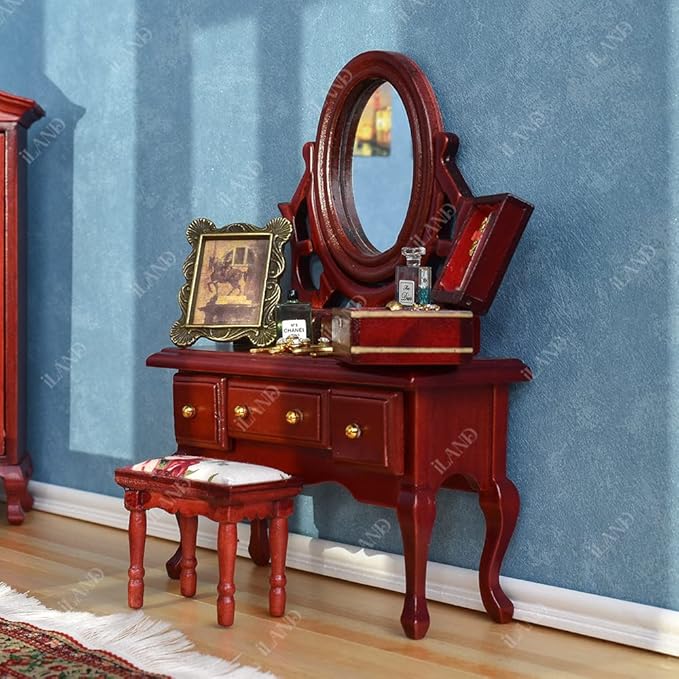 iLAND Wooden Dollhouse Furniture 1/12 Scale, Dollhouse Bedroom Furniture in Mahogany Color incl Dollhouse Bed & Dressing Table & Wardrobe (Classical Miniature Furniture 6pcs)