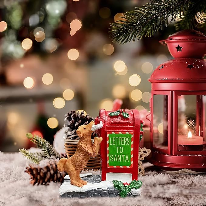 Christmas Village Accessories Ornaments Resin Puppy Letters to Santa Mailbox Christmas Village Sets Decoration for Xmas Festival Holiday
