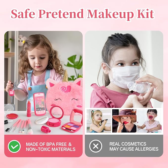 Woumserta Unicorn Pretend Makeup for Toddlers, Fake Makeup Set for Kids, Unicorn Gifts Play Makeup Kit for Little Girls Age 3 4 5 6, Pretend Play Toys for 3 4 5 6 Year Old Girls Birthday Gifts