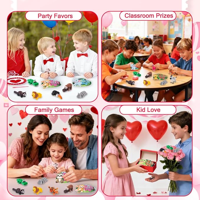 24Pcs Valentines Mini 3D Printed Forest Animals for Kids 12 Styles 3D Printed Figurines with Cards for Party Favors Valentines Fidget Toys for Classroom Prize Rewards Gifts Exchange