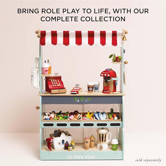 Le Toy Van - Educational Wooden Honeybee Market Baker's Basket Crate | Wood Play Food | Supermarket Pretend Play Shop Food