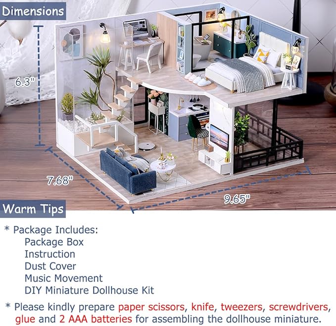 TuKIIE DIY Miniature Dollhouse Kit with Furniture, 1:24 Scale Creative Room Mini Wooden Christmas Doll House Accessories Plus Dust Proof & Music Movement for Kids Teens Adults(Satisfied Time)