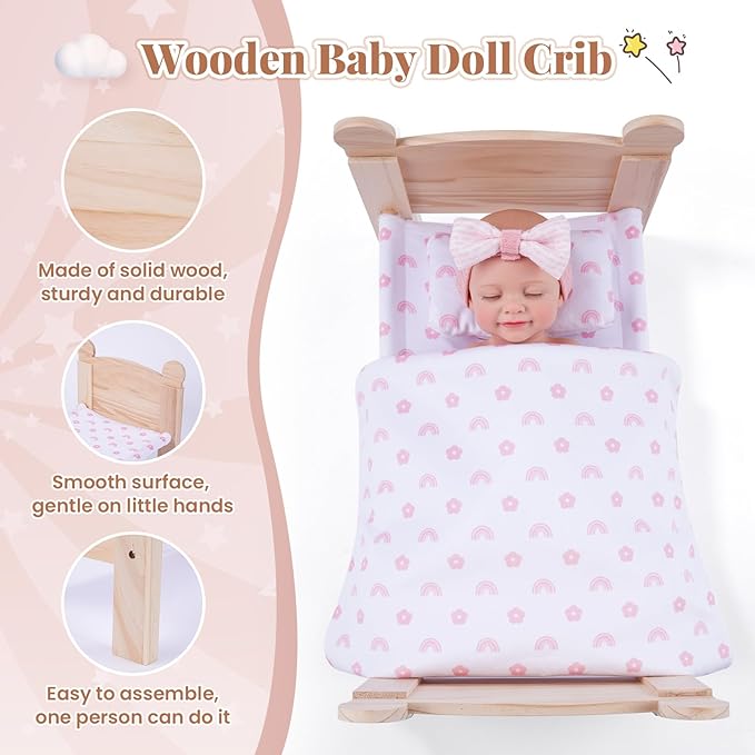 BABESIDE 3 Pcs Baby Doll Crib with Bedding Set for 12-16 Inch Babydolls, Wooden Dolls Furniture Doll Bed with Pillow and Blanket for Realistic Baby Doll Accessories