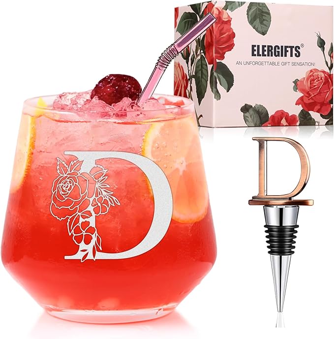 Personalized Gifts for Women, Monogrammed A-Z Wine Glass Customized Gift, Unique Wedding Birthday Gifts for Women Her Mom Friend Sister Wife Daughter Nurse - Dishwasher Safe (D)