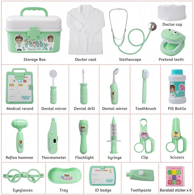 Phobby Durable Doctor Kit for Kids, 27 Pcs Deluxe Pretend Play Medical Kit Toy with Real Stethoscope, Doctor Kit for Toddlers Boys Girls Birthday Gift (Green)
