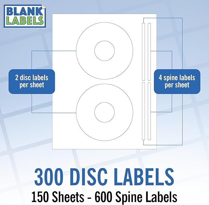 CD/DVD Label Full Face | Qty 300 Disc, 300 Spine | 150 Sheets Total | Permanent White Matte | Inkjet & Laser Compatible | Memorex Large Core | Easy to Peel | Made in USA | Blank Label