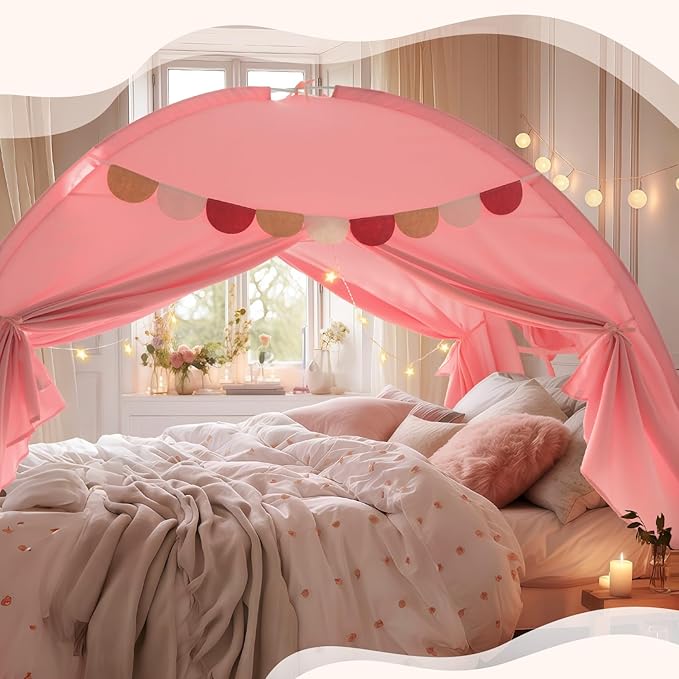 Razee Full Size Bed Canopy for Kids, Girls Bed Tent Dream Privacy Playhouse Floor Sleeping Tents Indoor, Toddler Under Bunk Bed Pink Tent with Pennant Banners, Kid House Toys for Birthday Gift