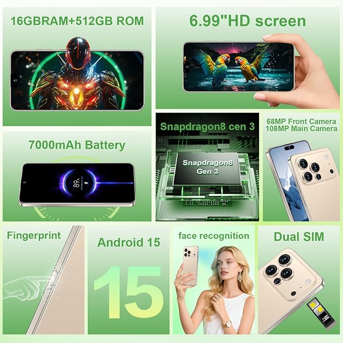 Huness I17PROMAX Smartphone Unlocked Cell Phone,6.99" HD Screen Unlocked Phone,16+512GB Android 15 Battery 7000mAh,Face ID/Dual SIM/5G/Fingerprint Button Unlock/Photos/GPS (Gold, 16+512G)
