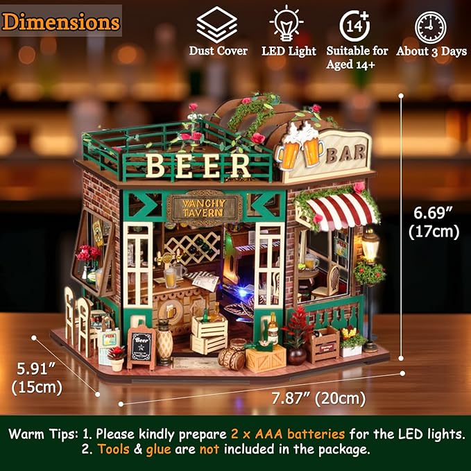 TuKIIE DIY Miniature House Kit with Furniture, 1:24 Scale Creative Room Mini Wooden Christmas Dollhouse Book Nook for Kids Teens Adults(Beer Bar)