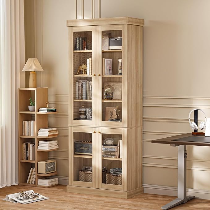 70.8" Tall Farmhouse Bookshelf with Glass Doors, Modular Bookcase with 6-Tier Adjustable Shelves, Large Storage Cabinet for Kitchen, Living Room, Brown, Set of 4