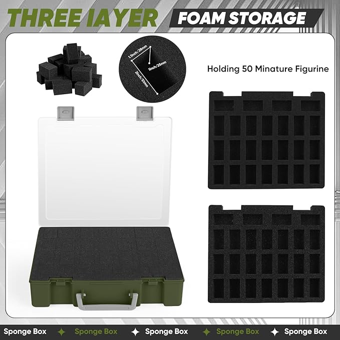 Miniature Storage Carrying Figure Case - 50 Slot Figurine Minature Carrying Case with 2 Foam Layer for Miniatures Compatible with 40k, DND & More (geen1)