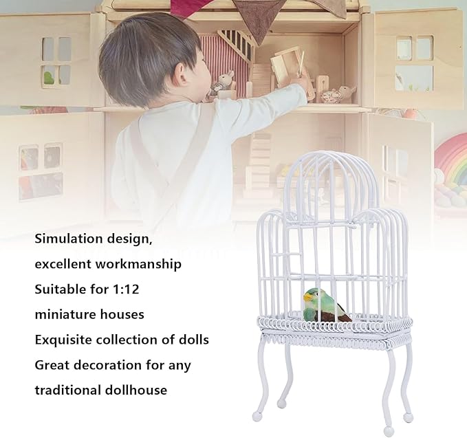 1:12 Scale Dollhouse Bird Cage Metal Miniature Bird Cage Realistic Opening Door Miniature Dollhouse Bird Cage with Fake Grass Bird Sticker (White)