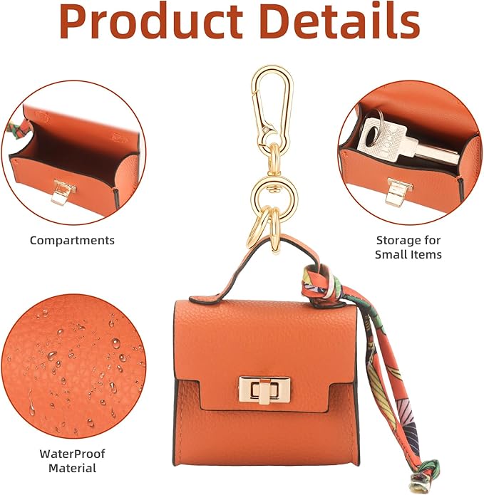FENHIN Mini Backpack Keychain, Leather Small Coin Purse for Women, Cute Hand Bag Charms with Key Holder & Twist-lock (Orange)