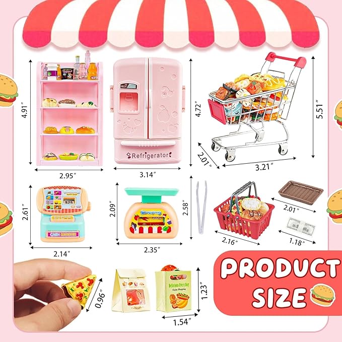 180 Pcs Dollhouse Furniture Miniature Kitchen Accessories Mini Shopping Cart Metal Trolley Basket Food Drink Toy Supermarket Store Grocery Shelves Cash Register Fridge Scale Pretend Play Game Party