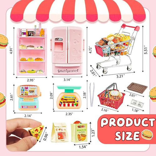 180 Pcs Dollhouse Furniture Miniature Kitchen Accessories Mini Shopping Cart Metal Trolley Basket Food Drink Toy Supermarket Store Grocery Shelves Cash Register Fridge Scale Pretend Play Game Party