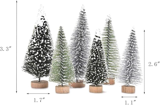 Yahpetes Miniature Christmas Tree 6 Pcs Pine Trees Sisal Trees Snow Frost Ornaments with Wooden Bases for Miniature Scenes, Christmas Crafting and Designing, Mixed Size