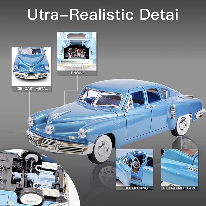 1948 Tucker Torpedo 1:18 Diecast Model Car - Cyclops Headlight, Opening Doors, Steering Linkage | Premium Gift Box, Man Cave Decor | Ages 14+,Blue