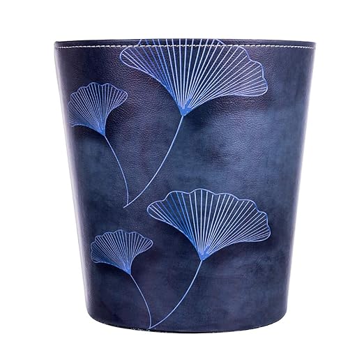 Scakbyer 10L/2.64 Gallon Trash Can, Decorative Waste Basket, PU Leather Waste Paper Basket, Waterproof Garbage Can for Bathroom, Bedroom, Office, Kitchen and Living Room - Blue Lines Leaves