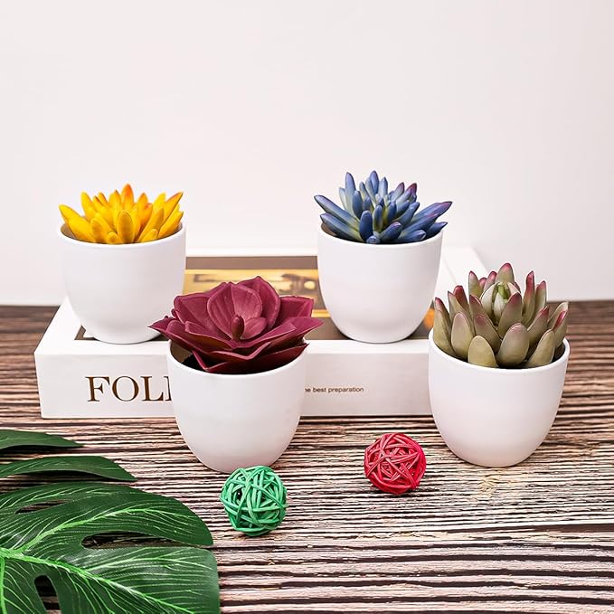 Gresorth 4 Pack Artificial Succulents Plant Decoration in Pots Fake Aloe Purple Ornament Faux Yellow Mini Potted Display for Kitchen Party