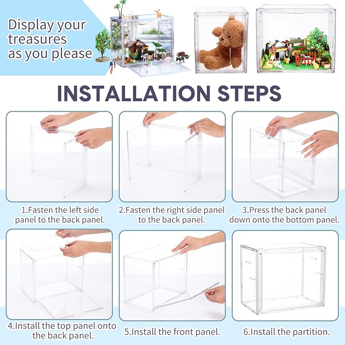 Leinuosen Diorama Kit Clear Display Case with Magnetic Attraction Lid Diorama Box Stackable Plastic Storage Bins for DIY Crafts Toys, Collectibles, Handbags and Figures, 10.63 x 7.09 x 8.66 Inch
