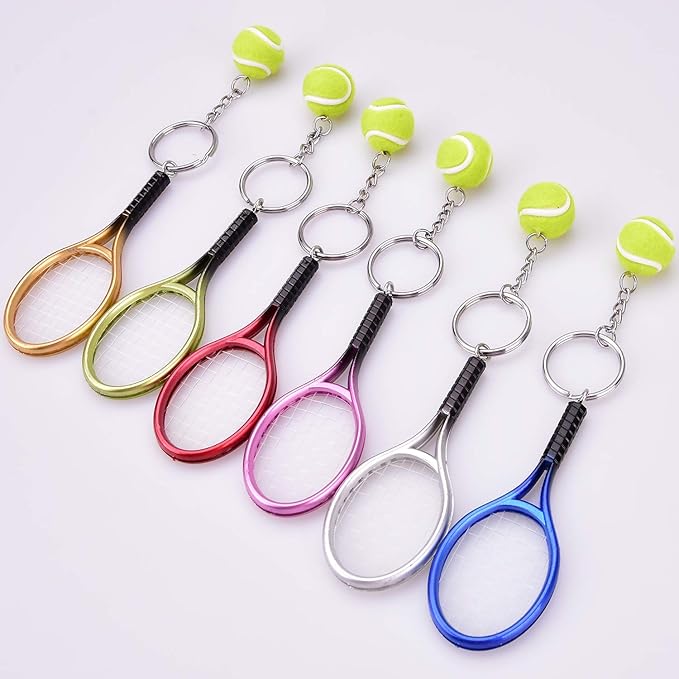 Ancefine 12 Pieces Mini Tennis Racket Keychains Key Ring Alloy Tennis Ball Split Ring Accessories for Sport Team Gifts,6 Color