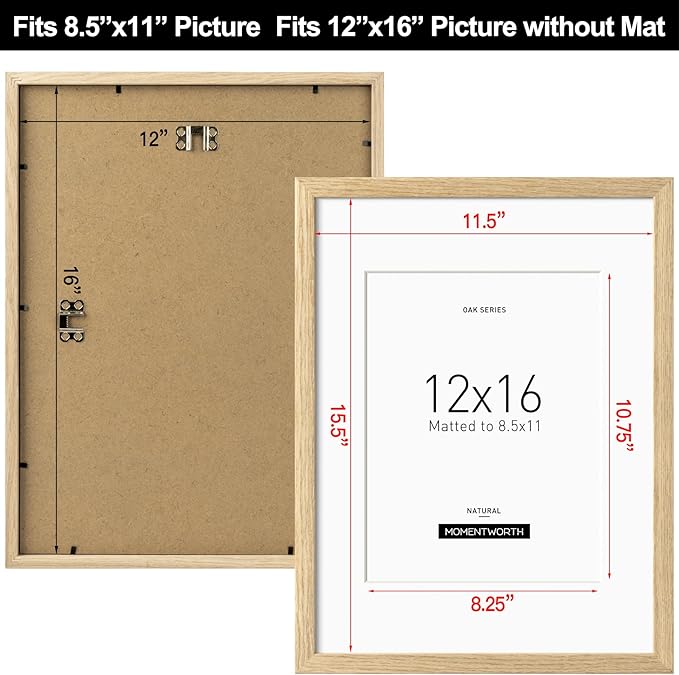 Momentworth 12x16 Frame with Mat for 8.5x11 set of 3, Solid Oak Wood 12x16 Picture Frame for Wall Mount - Wall Decor for Home, Office & Galley(3 Pack,Oak)