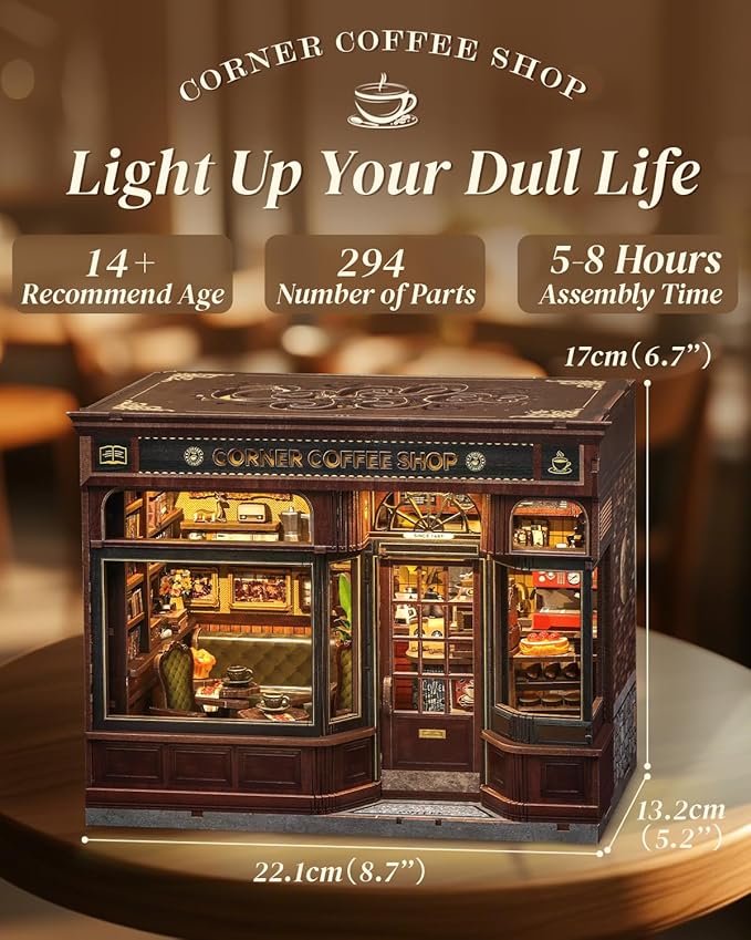 Cutefun Book Nook Kit - DIY Miniature Coffee Shop Booknook Kits for Adults and Teens, 3D Wooden Puzzle Bookend Bookshelf with LED Light, Gifts for Family and Friends (Corner Coffee Shop)