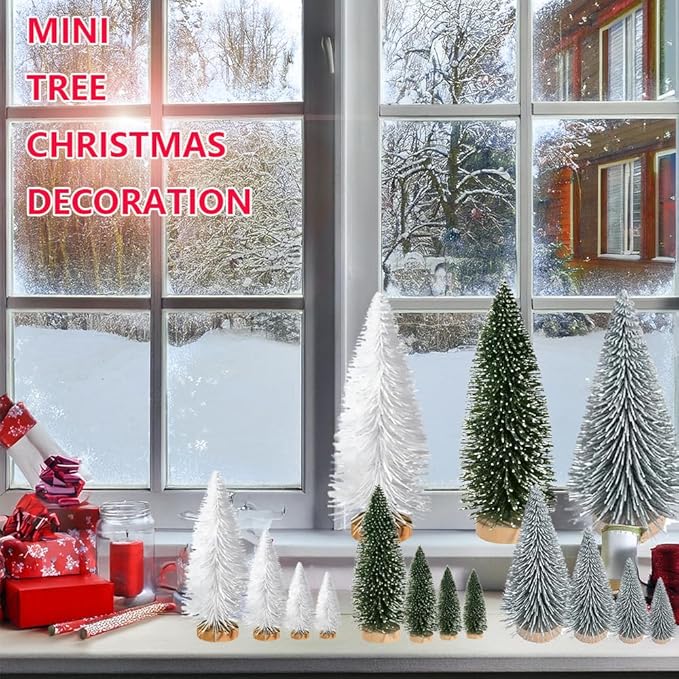 Yahpetes Artificial Mini Christmas Trees, 30 Pcs Sisal Snow Pines in 5 Sizes, Crafting Displaying Decoration, Tabletop Xmas Tree for Home, Party (Silver/White/Green)