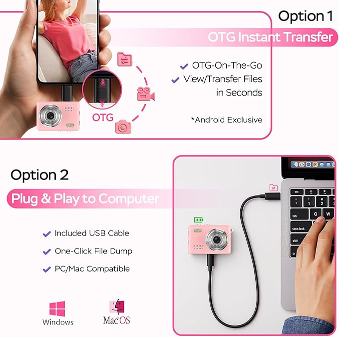 Dienspeak Mini Camera 1080P HD Video Recorder, Keychain Digital Camcorder with 64GB Card, 0.96" HD Display, Long Battery Life, Ultra-Portable Tiny Camera for Travel/Vlog/Night Shots, Pink