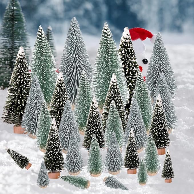 Yahpetes Christmas Tree 30 Pcs Artificial Christmas Trees Bottle Brush Trees with 5 Sizes, Sisal Snow Trees with Wooden Base for Christmas Crafting and Designing(Silver,Green,Dark Green, 30Pcs)