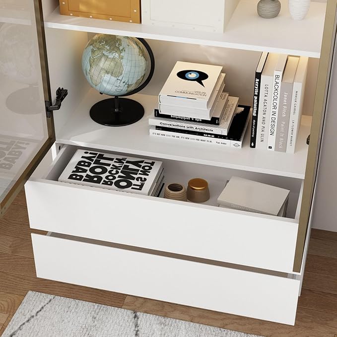 FAMAPY Display Cabinet with 2 Glass Doors and Lights, Display Case Cabinet with 4-Tier Storage Shelves and 2 Drawers, Pop-up Design, White and Champagne Gold (31.5”W x 14.2”D x 78.7”H)