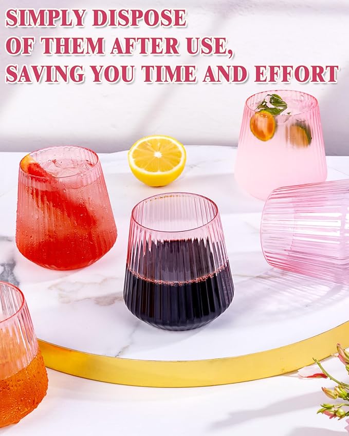 30 Pack Pink Plastic Ribbed Wine Glasses, 14 OZ Origami Stemless Disposable Wine Champagne Whiskey Glasses Unbreakable Clear Plastic Cocktail Glasses, Wine Cups for Party Wedding & Valentine's Day