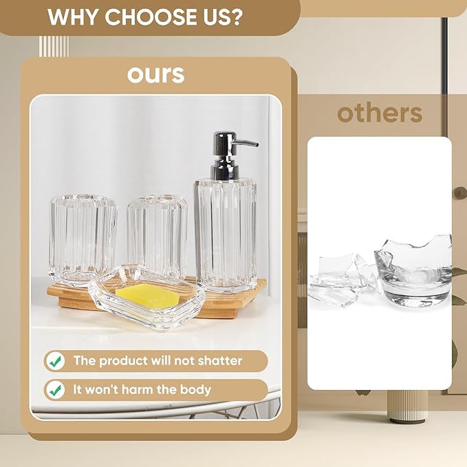 Clear Bathroom Accessories Set, Bathroom Accessories, 4 Pcs Acrylic Bathroom Accessories Sets Hand Sanitizer Bottle, Lotion Can, Separate Bottle, Soap Box, Toothbrush Cup(Clear)
