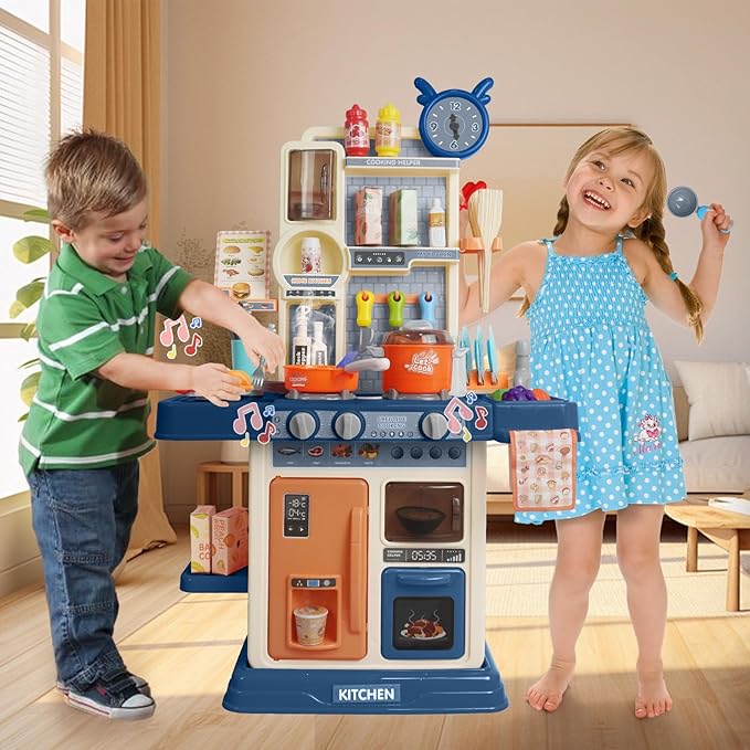 RedCrab Kids Kitchen Playset Toys, Simulate Mini Kitchen with Light and Sound, Food Toys & Kitchen Accessories, Multi-Functional Cooking Assistant, Pretend Toy Set for Toddlers 3-8(Blue)