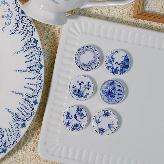6PCS Handcrafted Miniature Ceramic Plates in 1:12 or 1:6 Scale, Vintage Porcelain Playhouse Dishes (Blue-White C, 2.3CM)