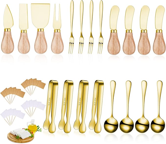 Charcuterie Board Accessories Spreader Knife Set Cheese Butter Spreader Knife Charcuterie Utensils with Wooden Handles Mini Serving Tongs Spoons Forks for party Wedding Christmas (Gold, 20 Pieces)