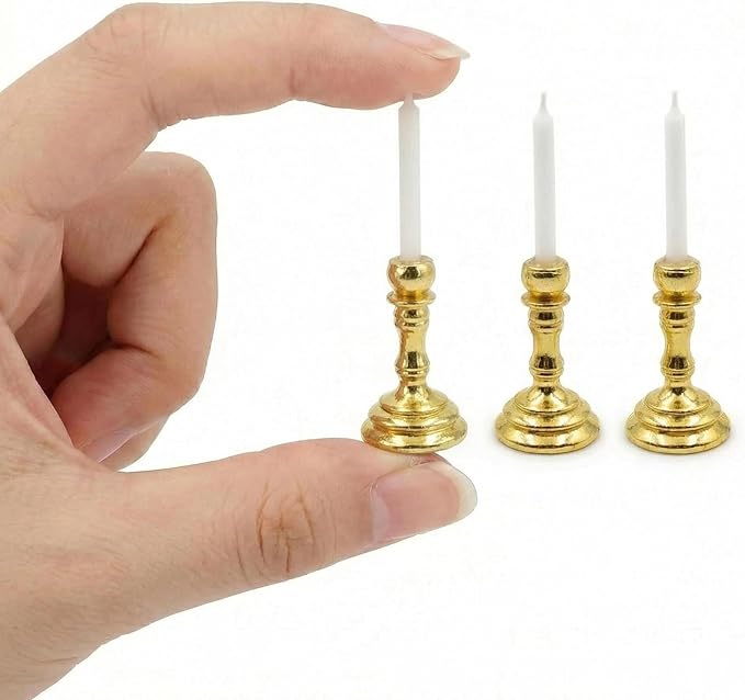 3PCS Vintage Miniature Candlesticks Set 1:12 Scale Metal Base Candle Holder for Miniature Room DIY Miniature Scene, or Desktop Display (Golden)