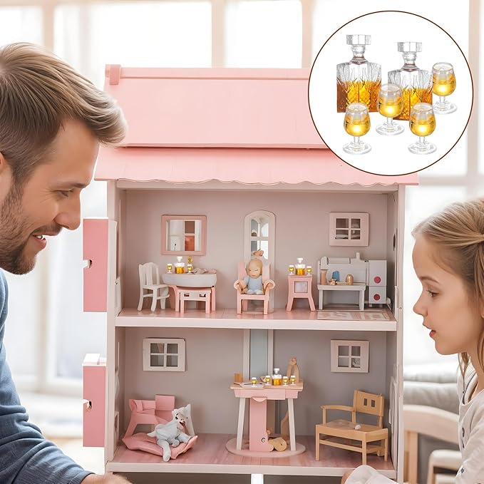 JJUNW 6 Pcs 1:12 Scale Dollhouse Miniature Accessories, A Set of Exquisite Mini Whiskey Wine Bottle Bar Model, Verisimilitude Mini Whiskey Wine Decoration for Décor Dollhouse Accessories (Brown)
