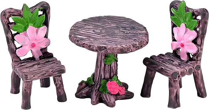 3 Pcs Miniature Round Table and Chairs Set - Outdoor Pastoral Style Fairy Garden Furniture Ornaments, Vintage Resin Bench & Chair Kit for Dollhouse Accessories, Micro Landscape & Home Decorations